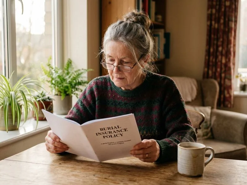 Senior reading a plain-English burial insurance policy summary at home