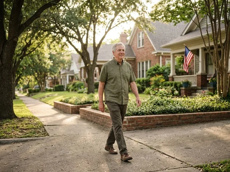 Senior taking a walk in his Central Texas neighborhood