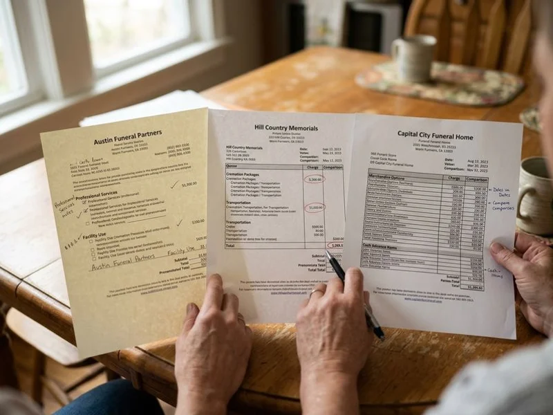Side-by-side comparison of three Austin-area funeral home price quotes