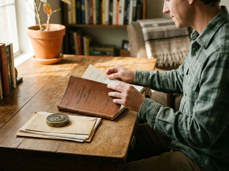 Texas Department of Insurance booklet and state seal on a desk