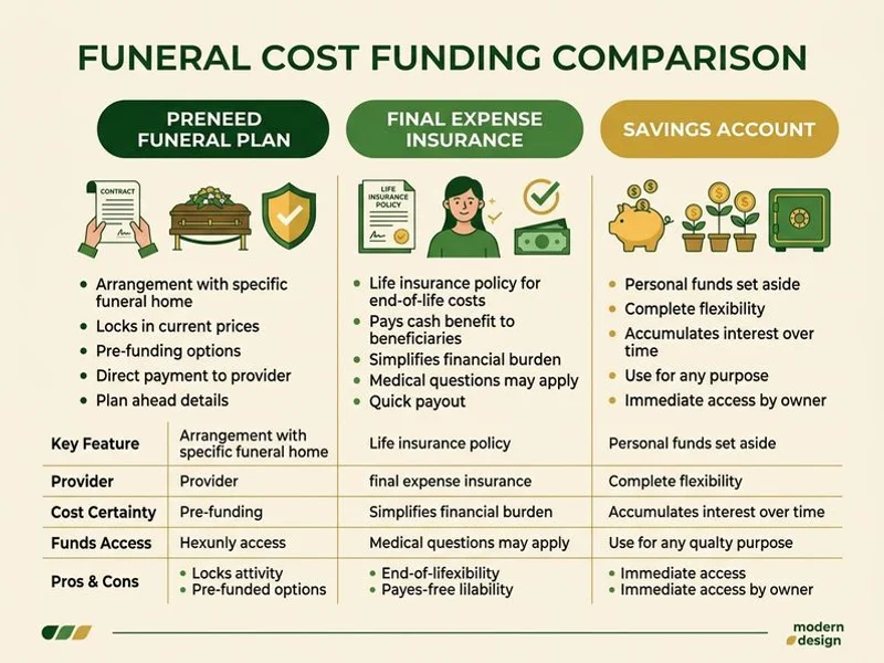 Comparison chart of preneed contracts, final expense insurance, and savings accounts