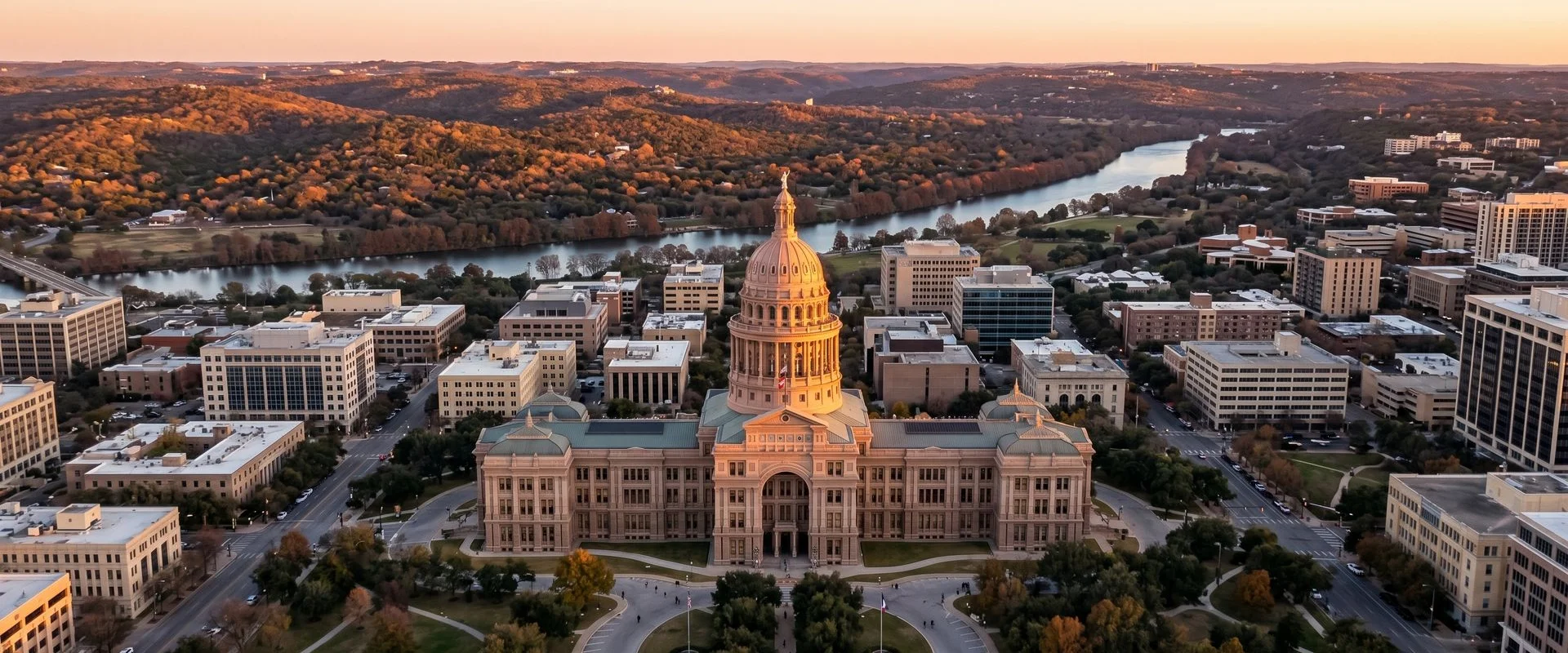 Aerial view of Austin, Texas at golden hour