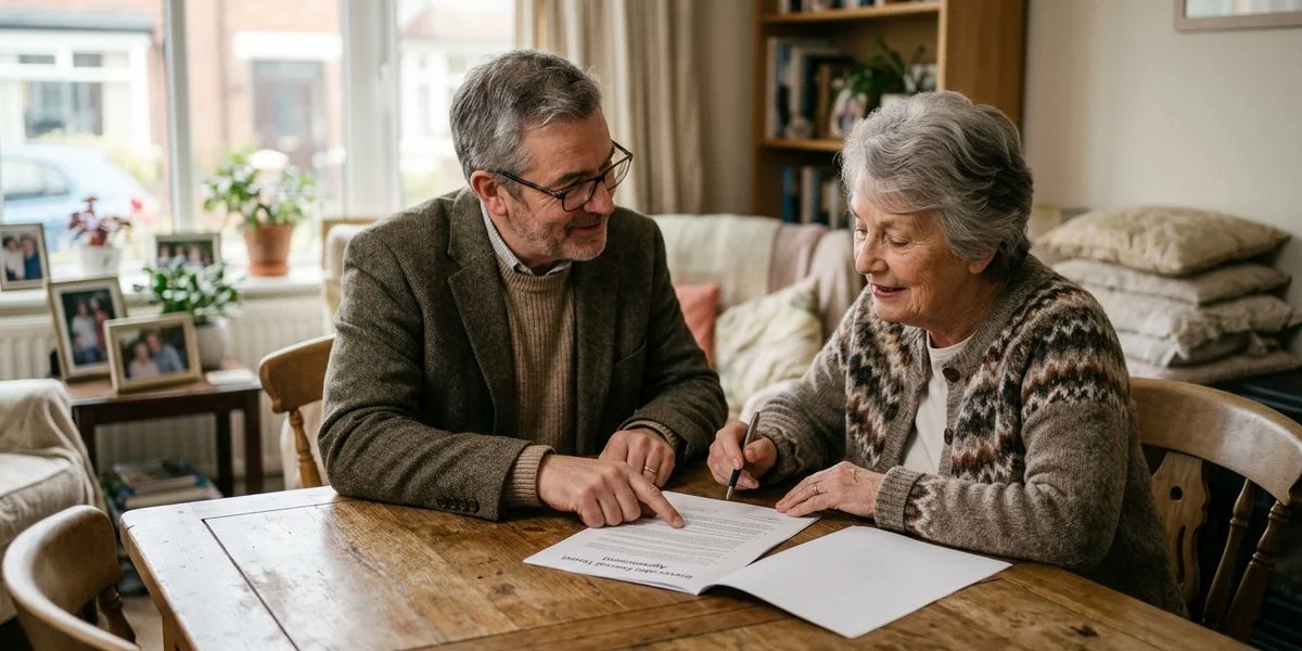 Elder-law attorney reviewing a draft irrevocable funeral trust document with a senior client at a wooden conference table
