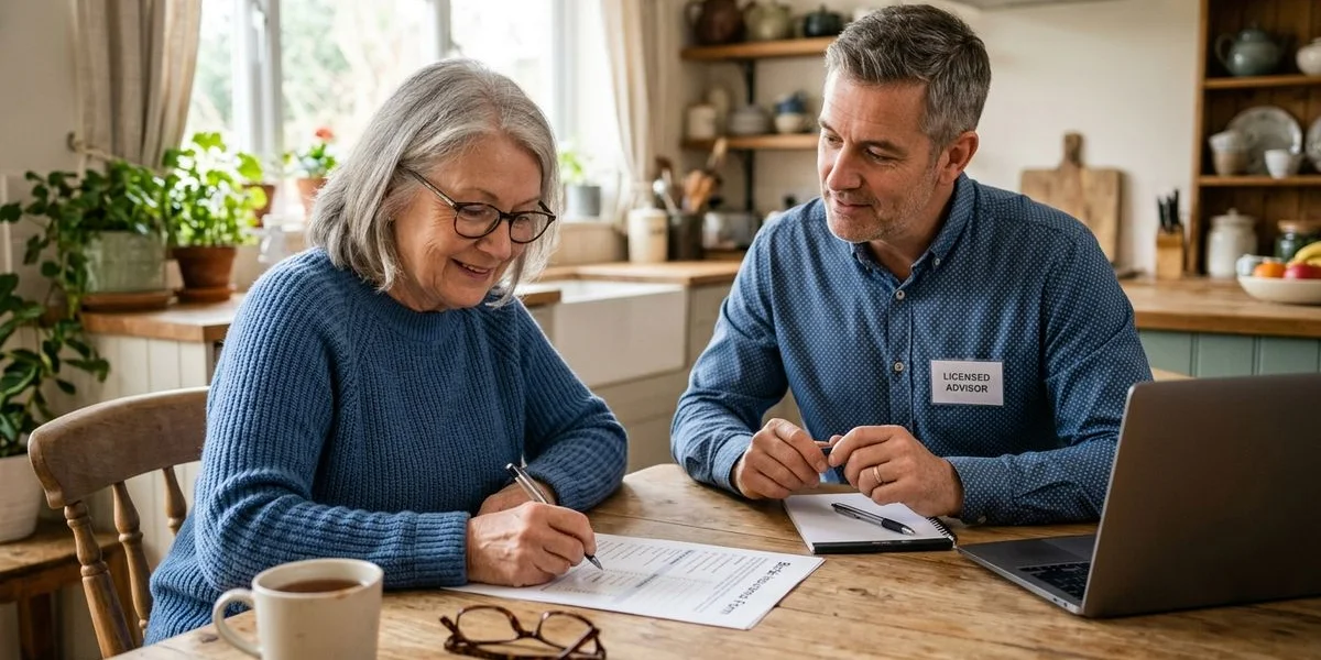 Senior reviewing the simplified-issue health questions with a licensed advisor at the kitchen table