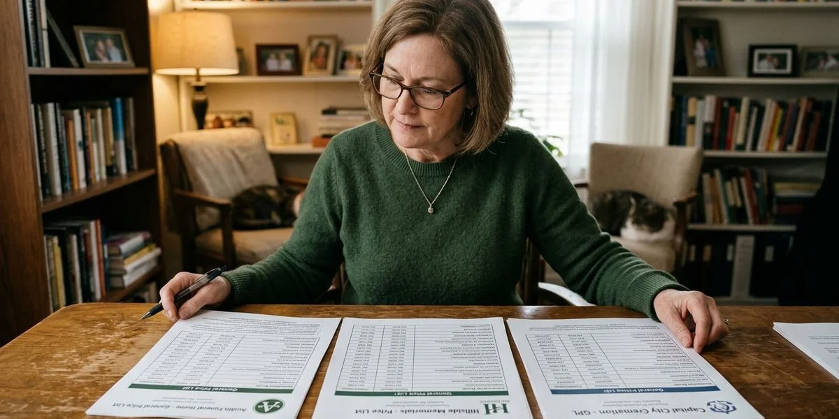 Personal Funeral Advisor at her desk with side-by-side General Price Lists from three Austin funeral homes ready for comparison