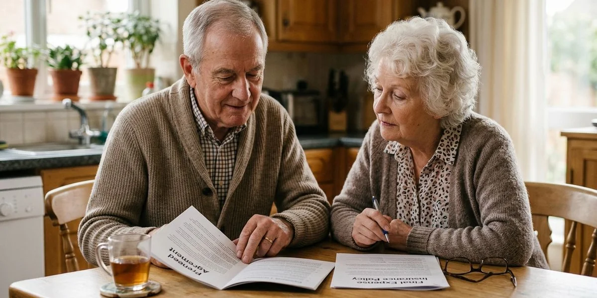 Couple at home reviewing both a preneed contract booklet and a final expense policy document side by side on the kitchen table