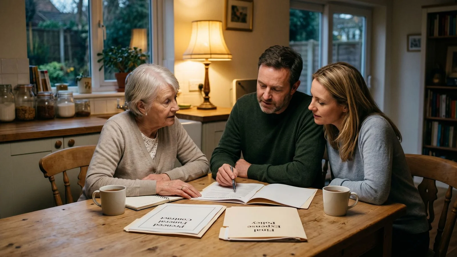 Family at home comparing a preneed funeral contract with a final expense policy