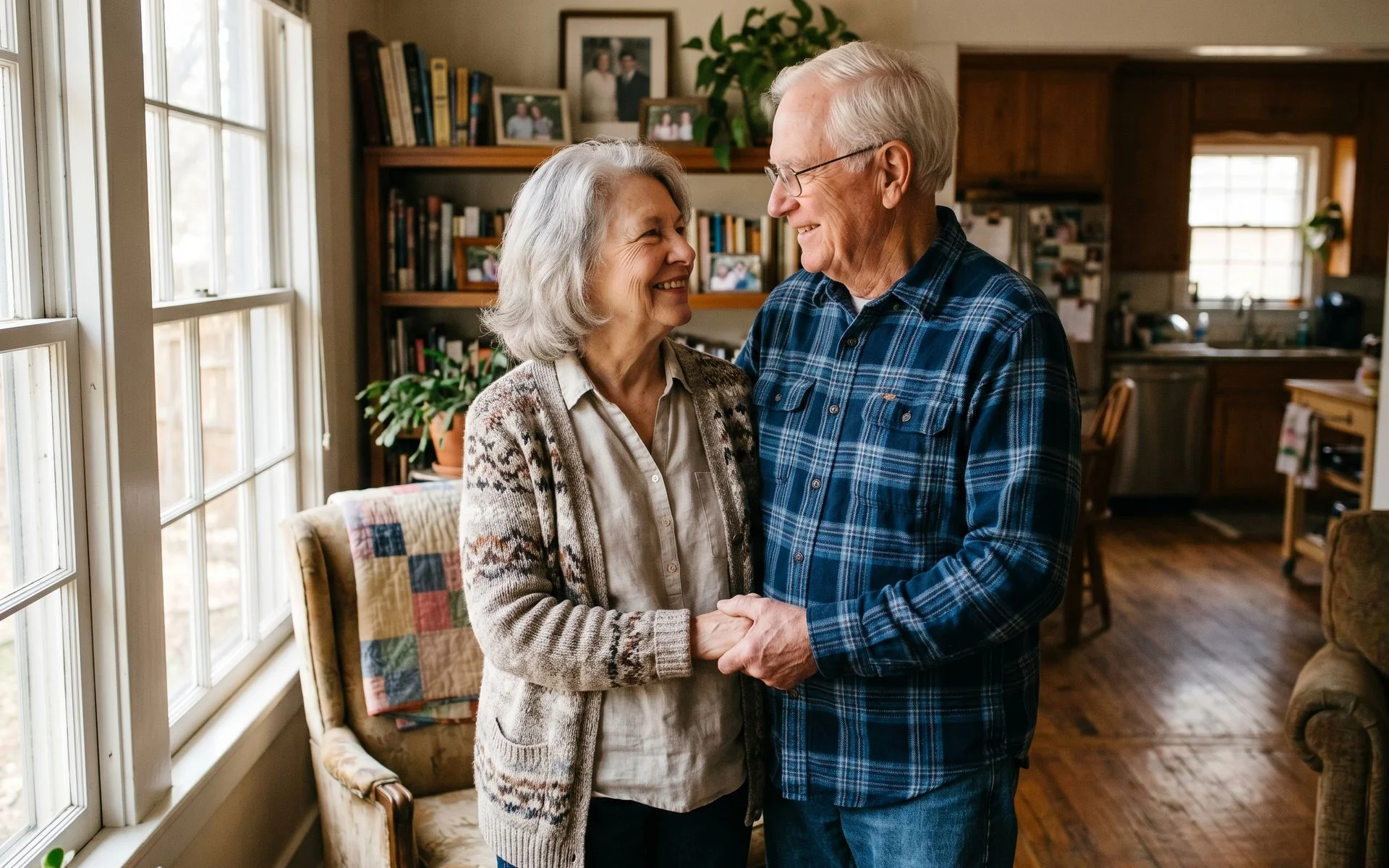 Senior Texas couple at home, holding hands and looking at each other in soft afternoon light