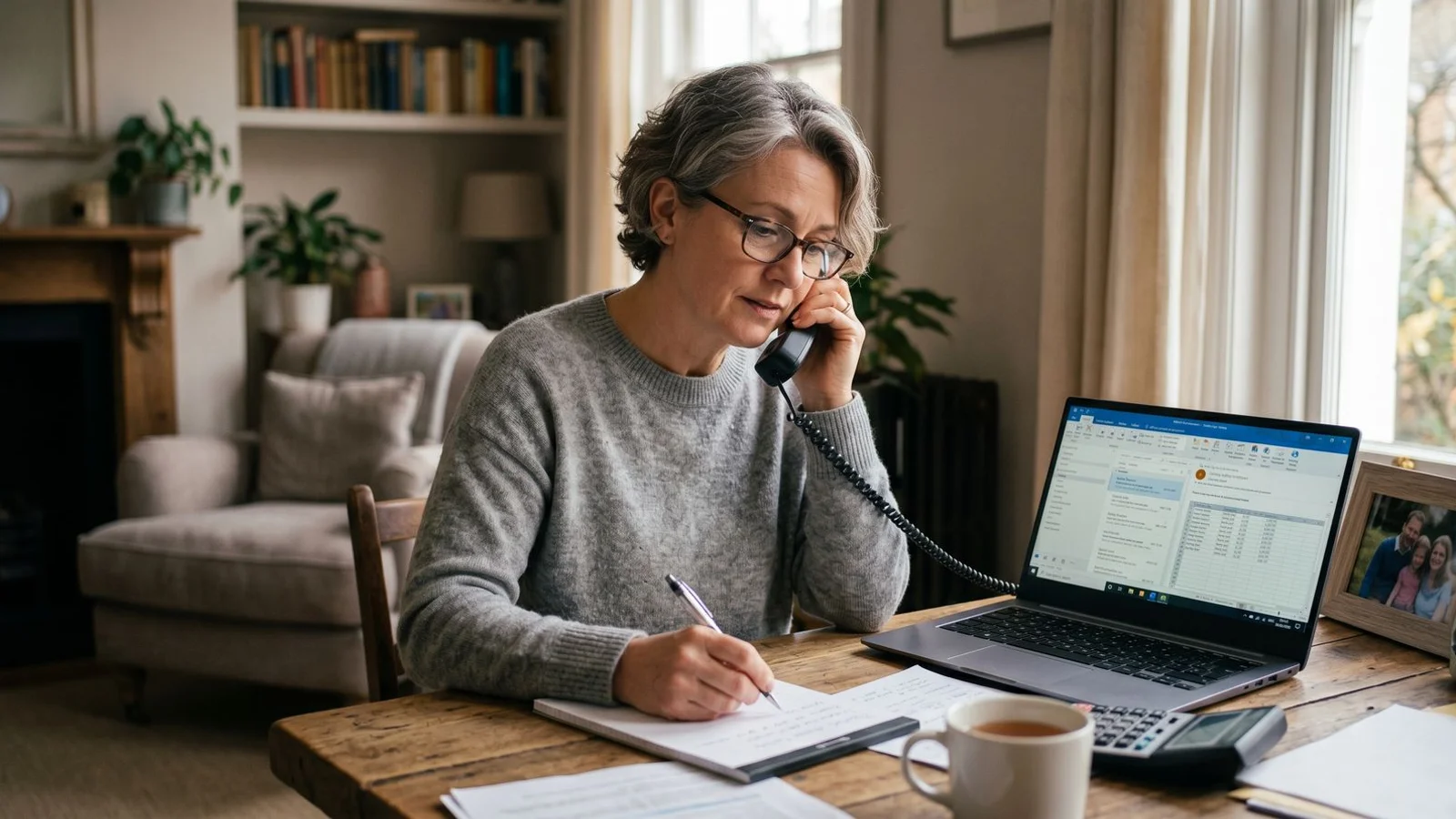 Personal Funeral Advisor on the phone with a family, comparing local funeral home prices