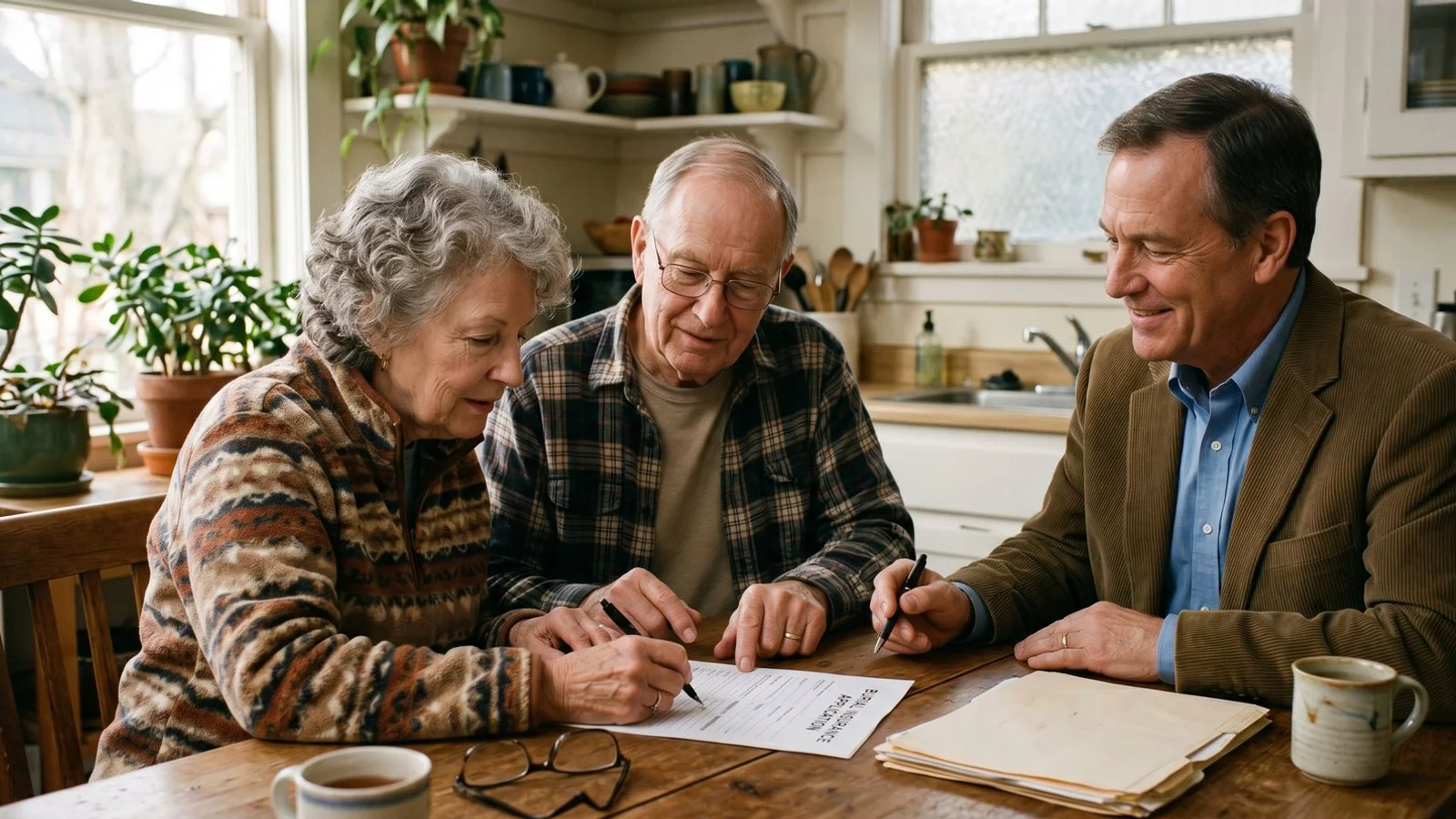 Senior couple reviewing the one-page burial insurance application with a licensed advisor at their kitchen table