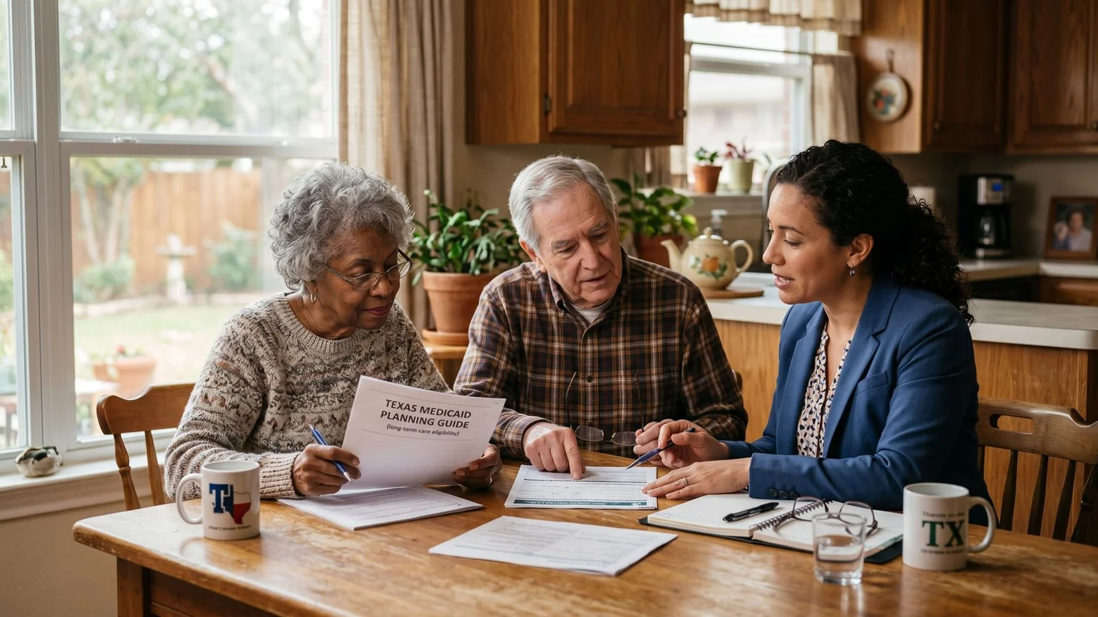 Senior couple reviewing Texas Medicaid planning paperwork with a licensed advisor